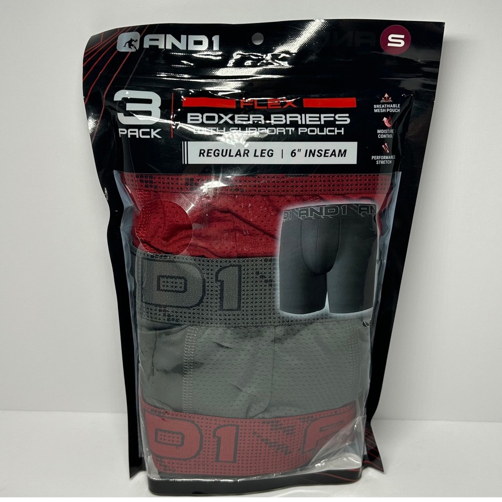 AND1 Flex Men 3 Pack Boxer Briefs Support Pouch 6" Inseam Small Red Gray Black